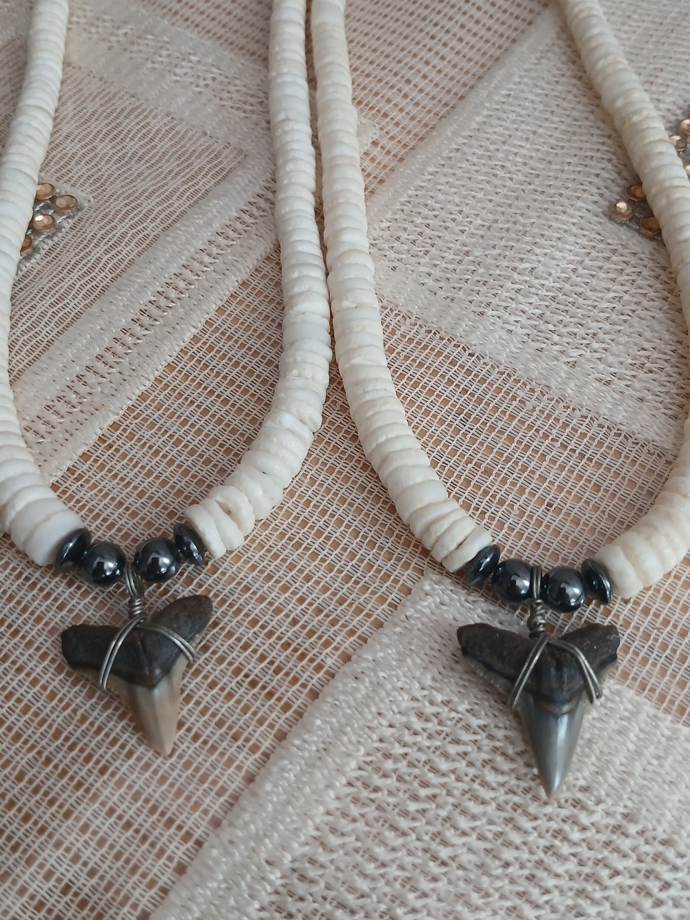 White Shell Bead Necklaces with Fossil Shark Tooth